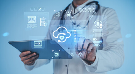 Doctor using digital tablet with futuristic medical data interface and cloud health records concept on blue background in modern healthcare technology scene.
