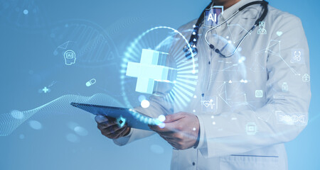 Doctor using digital tablet with AI healthcare technology icons and futuristic interface for online medical consult on blue background conceptually illustrated.
