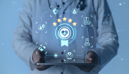 Healthcare service rating concept with doctor holding tablet and five-star feedback icons in digital interface on blue background for review system.