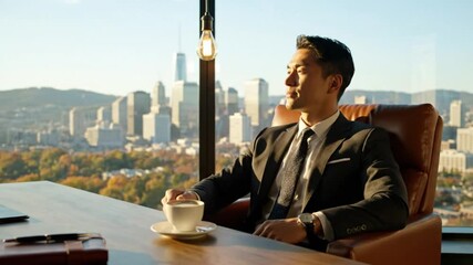 Successful Asian Businessman in Elegant Suit Enjoys Coffee and City View from High-Rise Office
