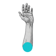 disembodied human hand, palm up, rendered in high-contrast black and white halftone, severed by a vibrant turquoise circle on a white background, stark conceptual pop art concept