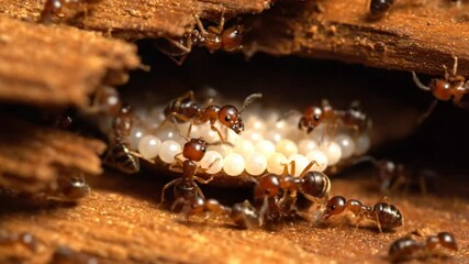 Close-up of ants gathering around and protecting a cluster of eggs inside a wooden structure