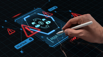 Hand using pen to interact with futuristic digital HUD interface on screen showing peer-to-peer financial transaction and warning symbols concept..