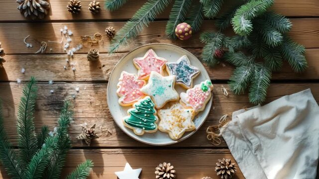 Holiday cookie decorating with colorful icing and festive designs on a wooden table