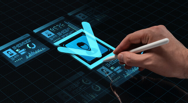 Futuristic hand using digital pen to interact with blue holographic user interface on grid background, highlighting concept of high-tech digital screen interaction. - Powered by Adobe