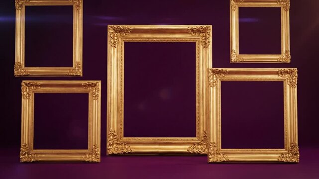Ornate Golden Picture Frames Displayed on a Purple Background for Art Gallery or Design Presentation
