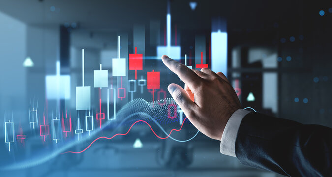 Businessman analyzing stock market chart touching digital candlestick graph interface on futuristic screen with financial background in office setting. - Powered by Adobe
