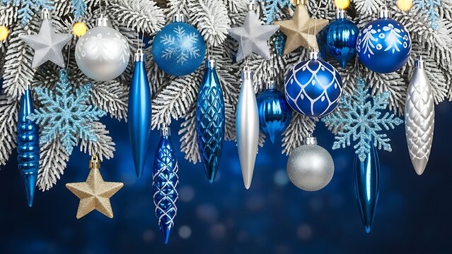 Blue Christmas ball decorations and gold ornaments hang on a festive winter holiday tree against a snowy background