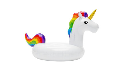 a single, glossy white inflatable unicorn pool float featuring a multicolored rainbow mane and golden horn, isolated on a transparent background. concept for summer vacation advertising
