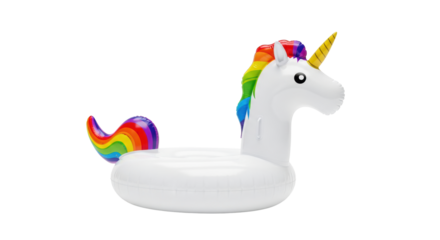 a single, glossy white inflatable unicorn pool float featuring a multicolored rainbow mane and golden horn, isolated on a transparent background. concept for summer vacation advertising