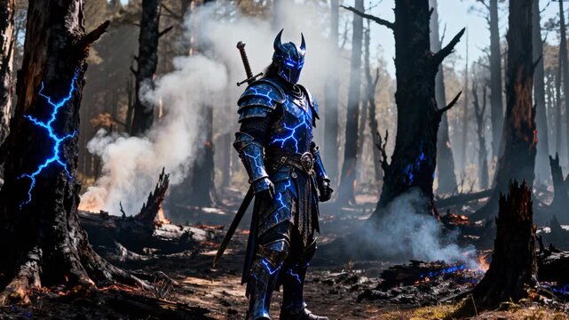cinematic warlord obsidian armor blue glow burned forest smoke vortex intense fantasy