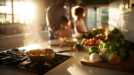 Culinary bond: A tender family moment is captured in the kitchen, a father and children collaborate on preparing a culinary delight, bathed in warm, inviting light.