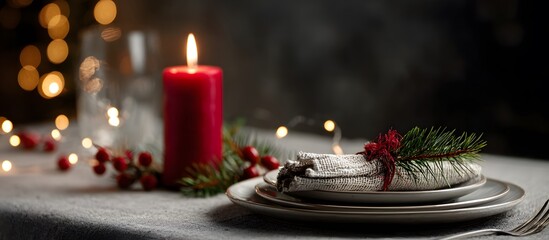 Minimalist christmas table setting with burning candle, plates, napkin and christmas lights