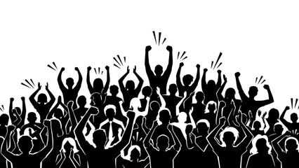 Energetic crowd silhouette cheering wildly with raised fists and clapping hands at a major event