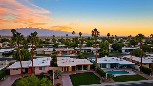 Aerial view of colorful mid-century modern homes with palm trees under a vibrant sunset in the desert