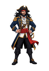full-body stylized illustration of a confident, bearded male pirate captain in a navy coat, tricorne hat, and red silk sash, posing heroically against a white background. Concept for a video game
