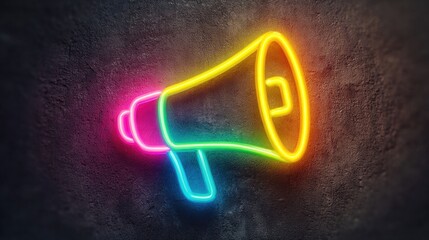Neon megaphone icon with glowing edges representing marketing, advertising, and business announcements in vibrant neon color themes