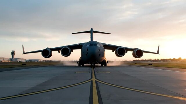 Large military cargo airplane taxiing down runway at sunrise with sun shining on the airplane and runway