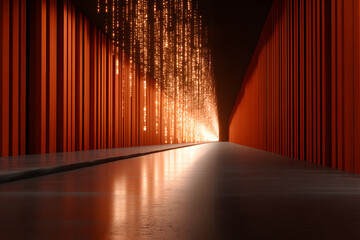 A realistic 3D visualization of a digital fortress made of binary code blocks, vibrant glowing particles, atmospheric lighting, empty right space for text,