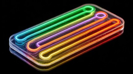 Neon microscope slide glowing with sample specimen lines, stylized laboratory research equipment in vibrant neon for science or academic illustrations