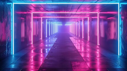 Abstract energy tunnel made of neon lines receding into darknes futuristic digital technology concept background 