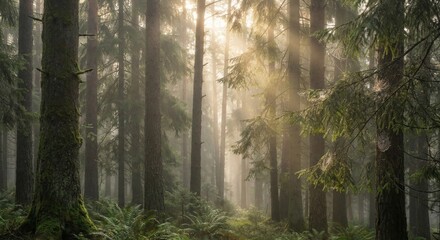 Dense green forest at sunrise with golden light beams cutting through morning mist, tall pine trees, soft fog drifting between trunks, serene and dreamy nature background