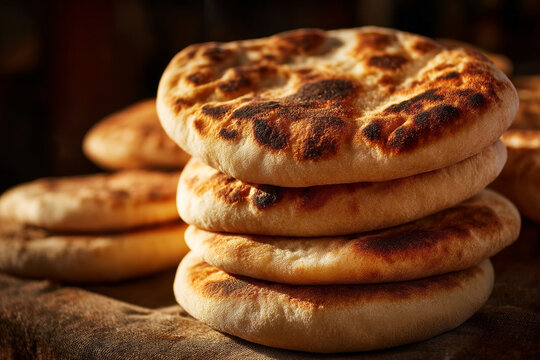 A close-up of Khubz (Yemeni bread), thick and round, with a slightly charred crust, served fresh from the oven.