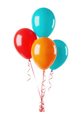 A vibrant cluster of three glossy latex party balloons (red, orange, turquoise) with curly red ribbons floating on a transparent background. Festive birthday party atmosphere.