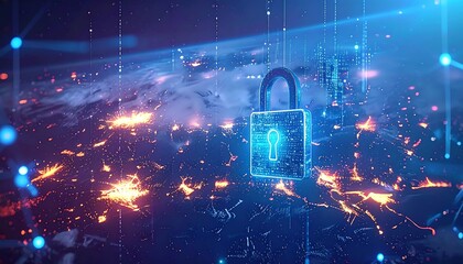 Digital padlock hovering over a stylized glowing Earth