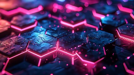 Digital neon hexagon grid pattern gently glowing on dark tech s futuristic digital technology concept background