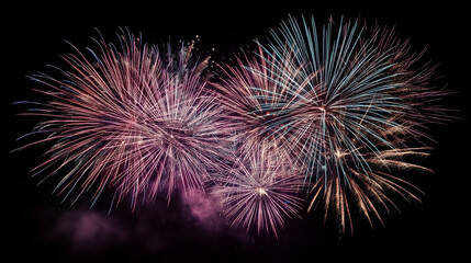 Fototapeta premium Close-up of vibrant fireworks bursting in pink, purple, and gold against a black sky
