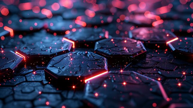 Digital neon hexagon grid pattern gently glowing on dark tech s futuristic digital technology concept background - Powered by Adobe