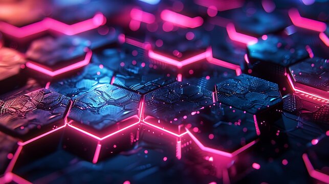 Digital neon hexagon grid pattern gently glowing on dark tech s futuristic digital technology concept background  - Powered by Adobe