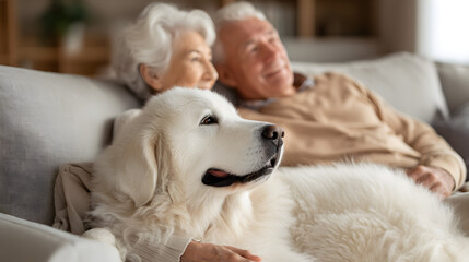 Golden Years Companion: A serene scene unfolds as a senior couple, filled with contentment, reclines alongside their loyal companion, a majestic golden retriever, within the comfort of their home.