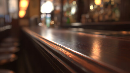 hangout. A classic wooden bar counter with a polished surface in warm ambient lighting. real-estate listings, architecture portfolios, designed for real-estate listing and luxury residence showcases.