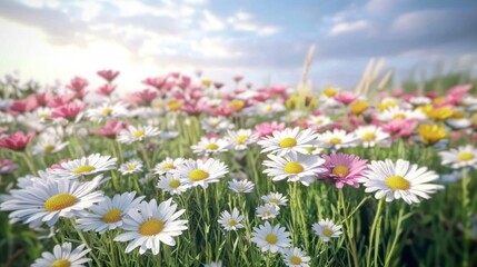 Fototapeta premium A vibrant collection of small daisies showcasing various colors from a side perspective.