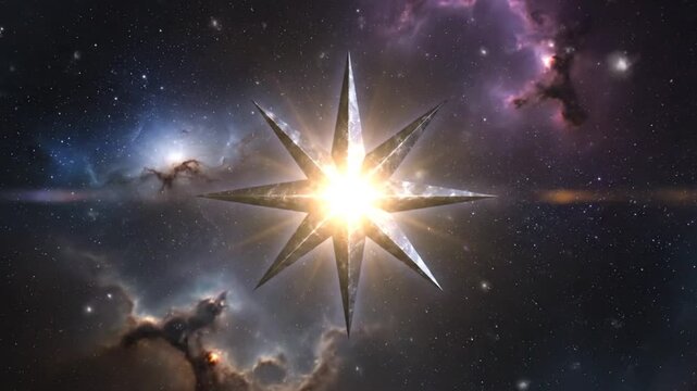 Epic and cosmic cinematic visual of a giant glowing metallic eight-pointed star floating in a vast nebula filled space background