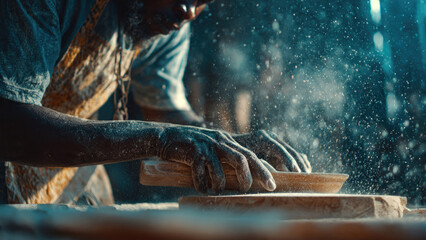 African Potter Shaping Clay on Wheel