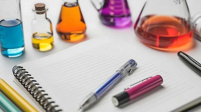 Lab notebook pen and safety goggles arranged neatly on white ta high resolution detailed stock photo