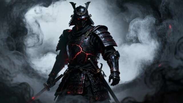 cinematic shadow samurai commander matte black armor red glow smoke vortex fantasy epic
