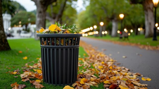 Lush park scene transitions through autumn foliage, showcasing a trash bin filled with colorful leaves, as the camera smoothly pans along the tree-lined pathway, capturing the serene atmosphere