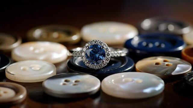 Elegant blue sapphire engagement ring surrounded by a collection of antique pearl buttons in a warm studio setting