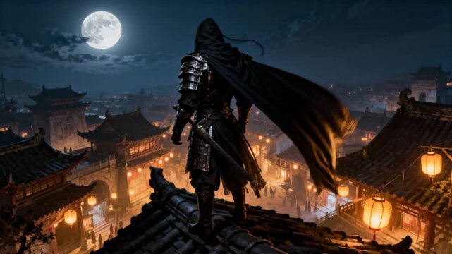 cinematic stealth war general posing rooftop fantasy city cloak fluttering action