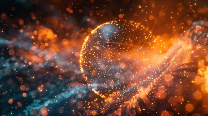 Soft abstract tech particles forming rotating sphere shape high resolution detailed stock photo