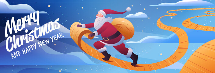 Santa Merry Christmas New Year 2026 festive scene with Santa Claus walking on a golden path through snowy night sky stars clouds holiday banner