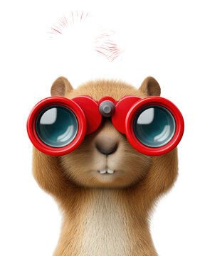 A highly detailed 3D illustration of a fuzzy cartoon groundhog or squirrel mascot wearing oversized red binoculars while looking up at two vibrant red fireworks bursts on a pure wh