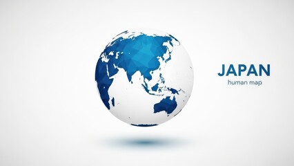 Japan on low poly globe with blue continents on white background