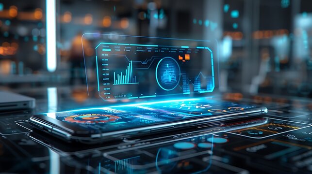 Transparent hologram interface projecting data charts above sma futuristic digital technology concept background - Powered by Adobe