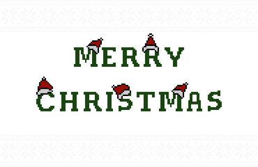 Pixel art of a Nordic pattern Christmas greeting card with green merry christmas greeting. used in wallpaper, wrapping, fabric, background, christmas card. Simple and cute card