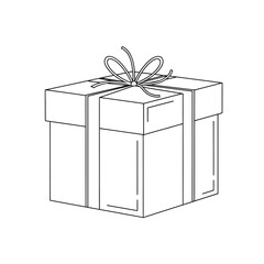 A minimalist black and white line drawing of a closed gift box tied with a ribbon and bow, perfect for holiday or celebration themes